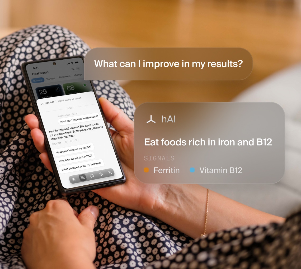 Phone showing an hAI answer about ferritin and vitamin B12, with a nutrition recommendation