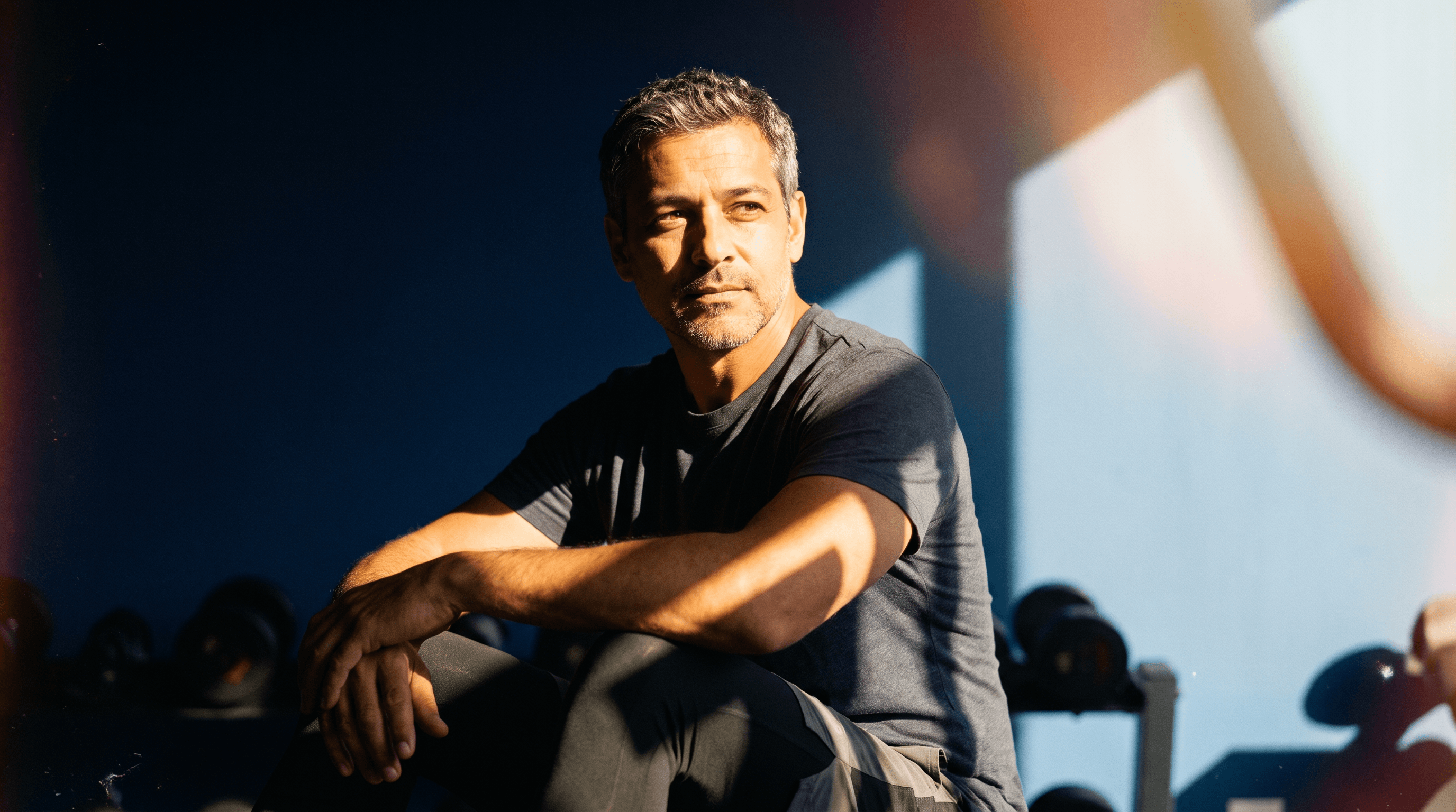 A man sitting in a dark gym in low sunlight, looking off to the side