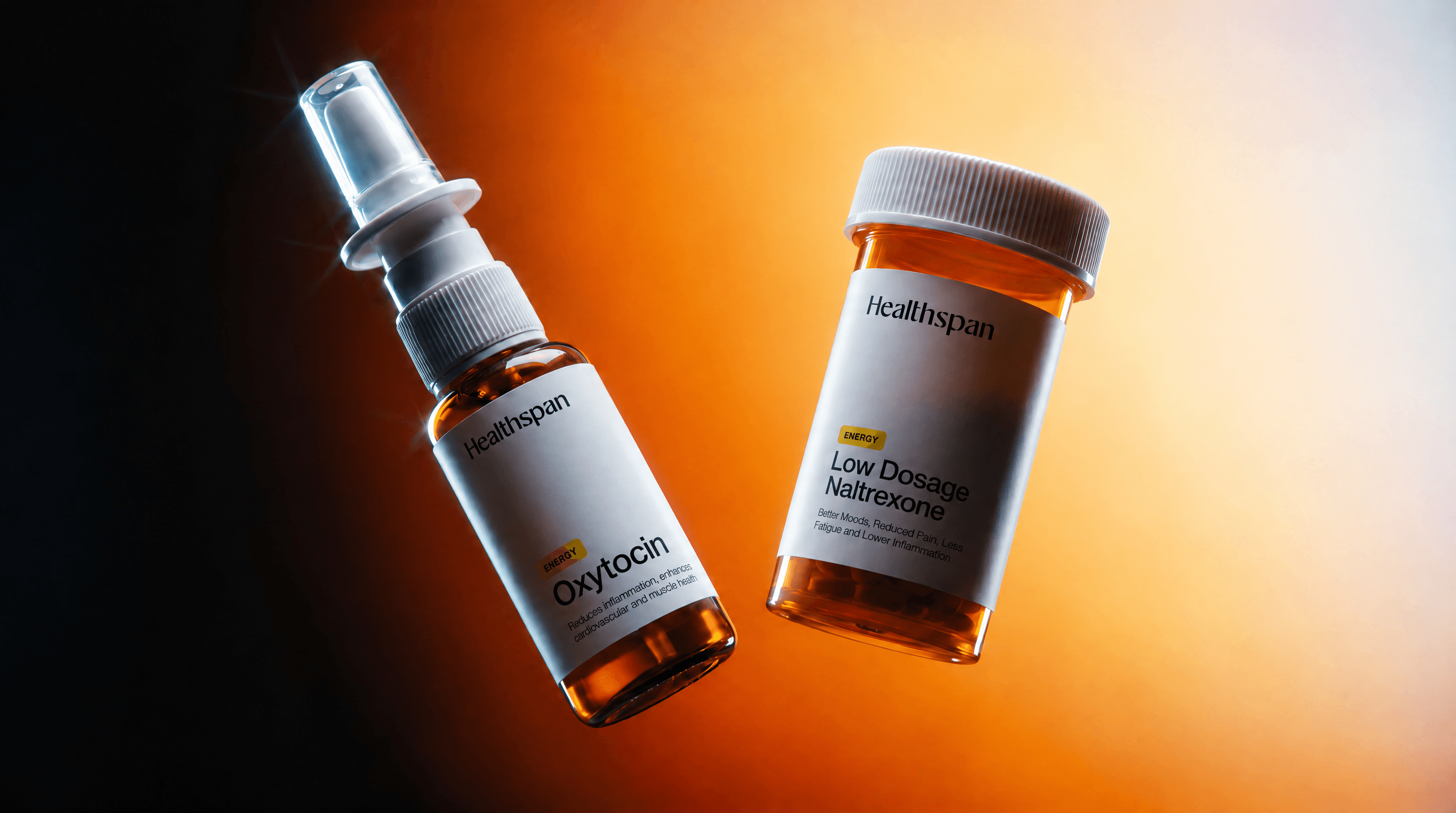 Low-dose naltrexone bottle and oxytocin nasal spray