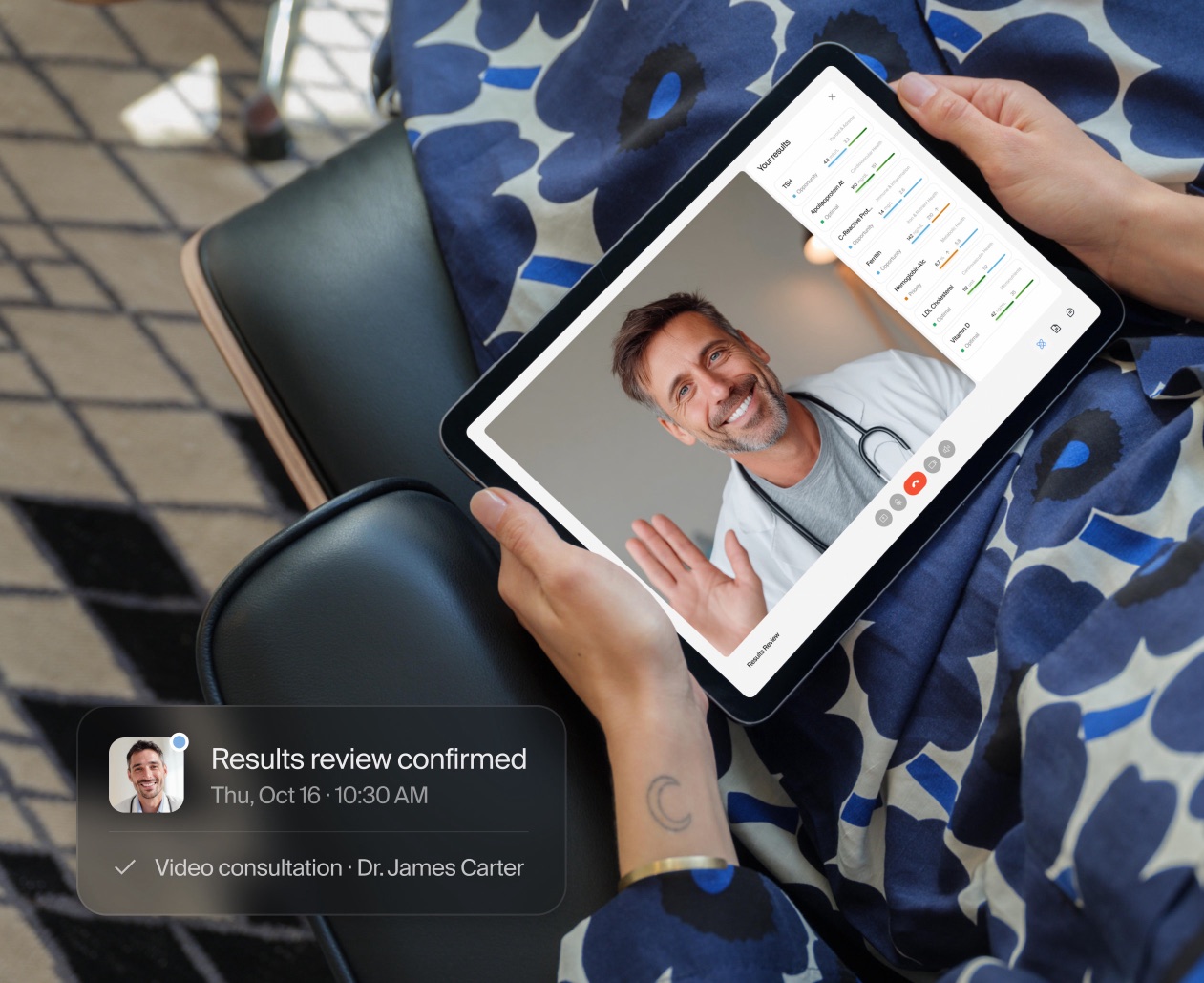 Video results review with a clinician on a tablet. Results review confirmed: Thu, Oct 16, 10:30 AM, video consultation.